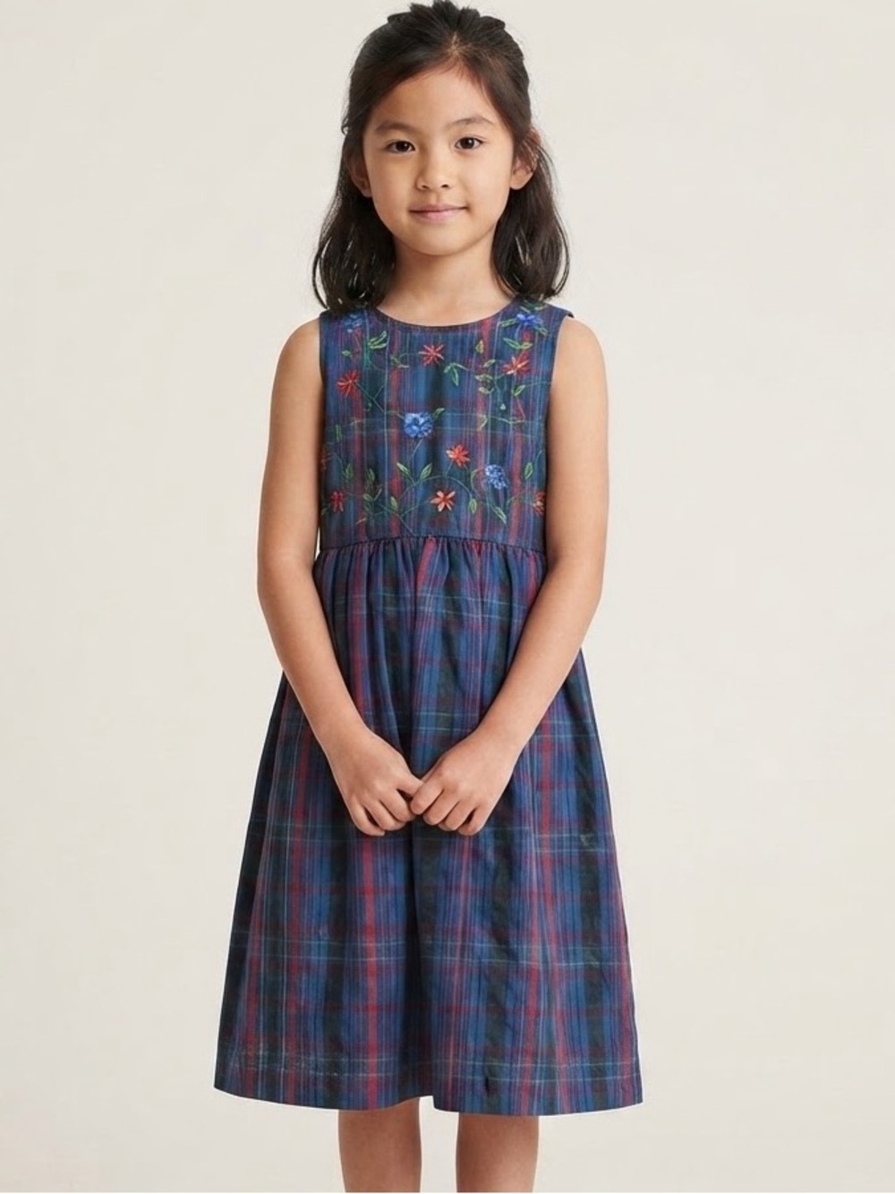 April Cornell Sz 11-12 Girl Blue Plaid Floral Embroidered Dress